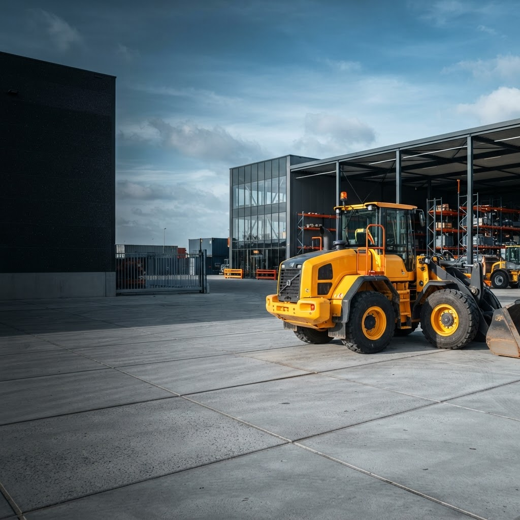 Yellow wheel loader in an industrial yard